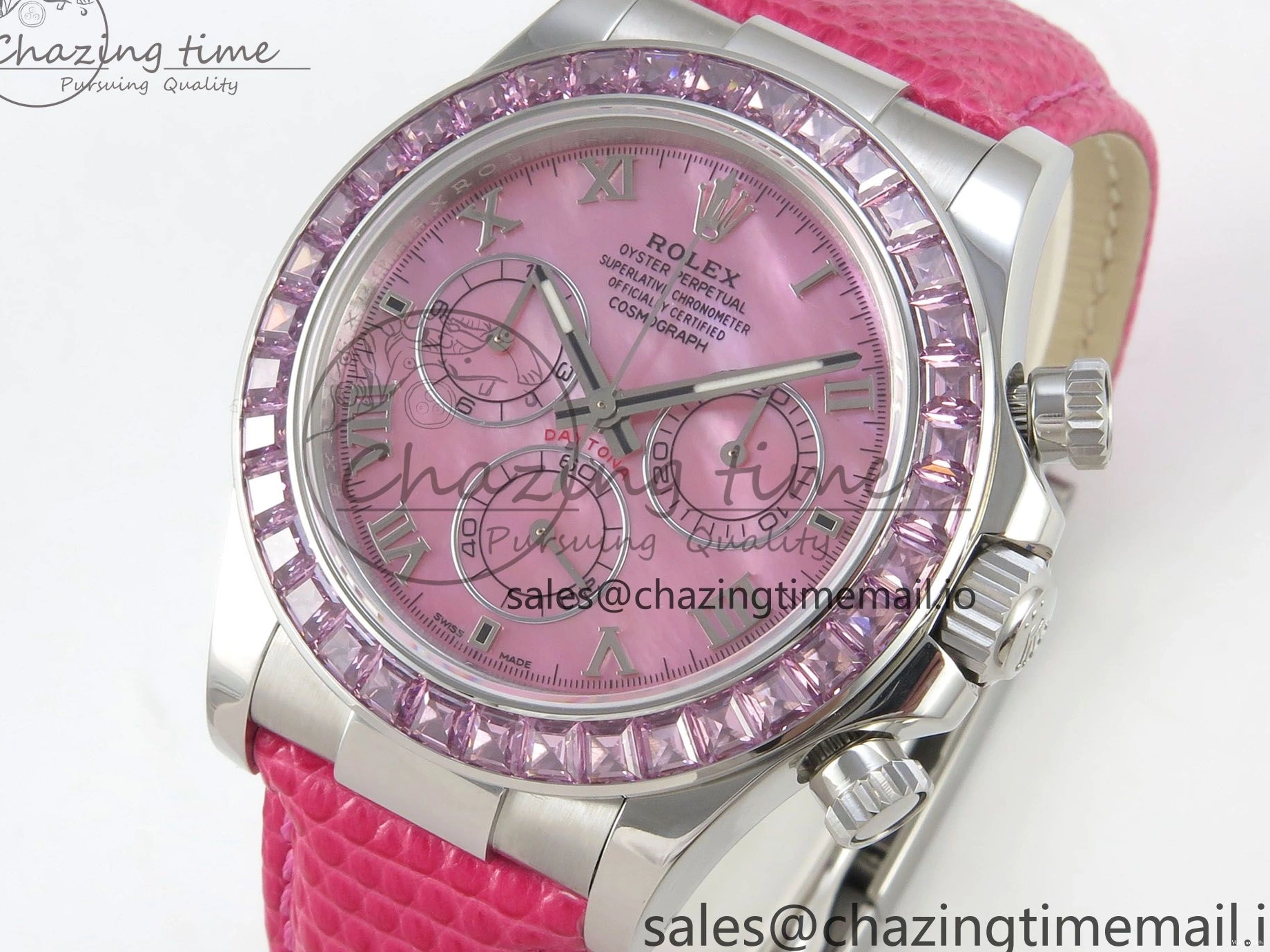 MPF Pink Daytona Bezel Dial Leather on Diamonds Modded 40mm SA4801 Custom Strap Pink 0513